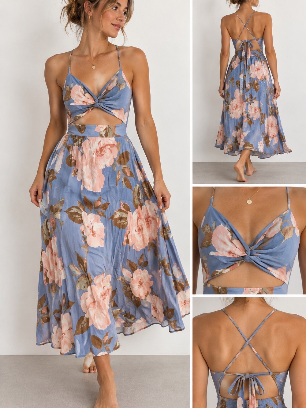 Lulu's Blue Floral Twist-Front Cutout Midi Dress